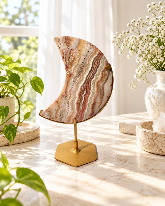 Pink Crazy Lace Agate Moon On Stand No. 7