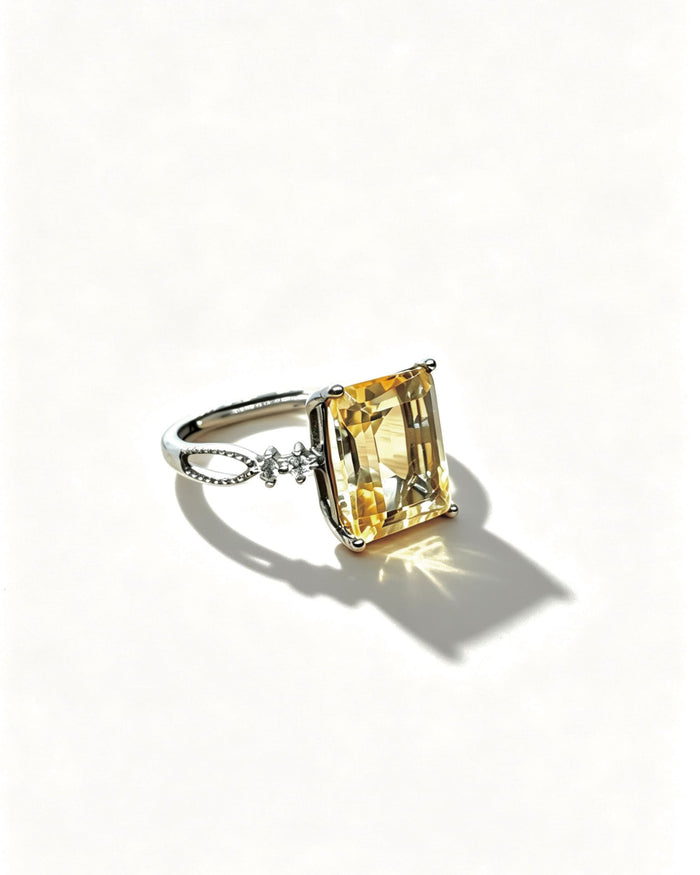Emerald Cut Citrine & Lab Diamond Silver Ring