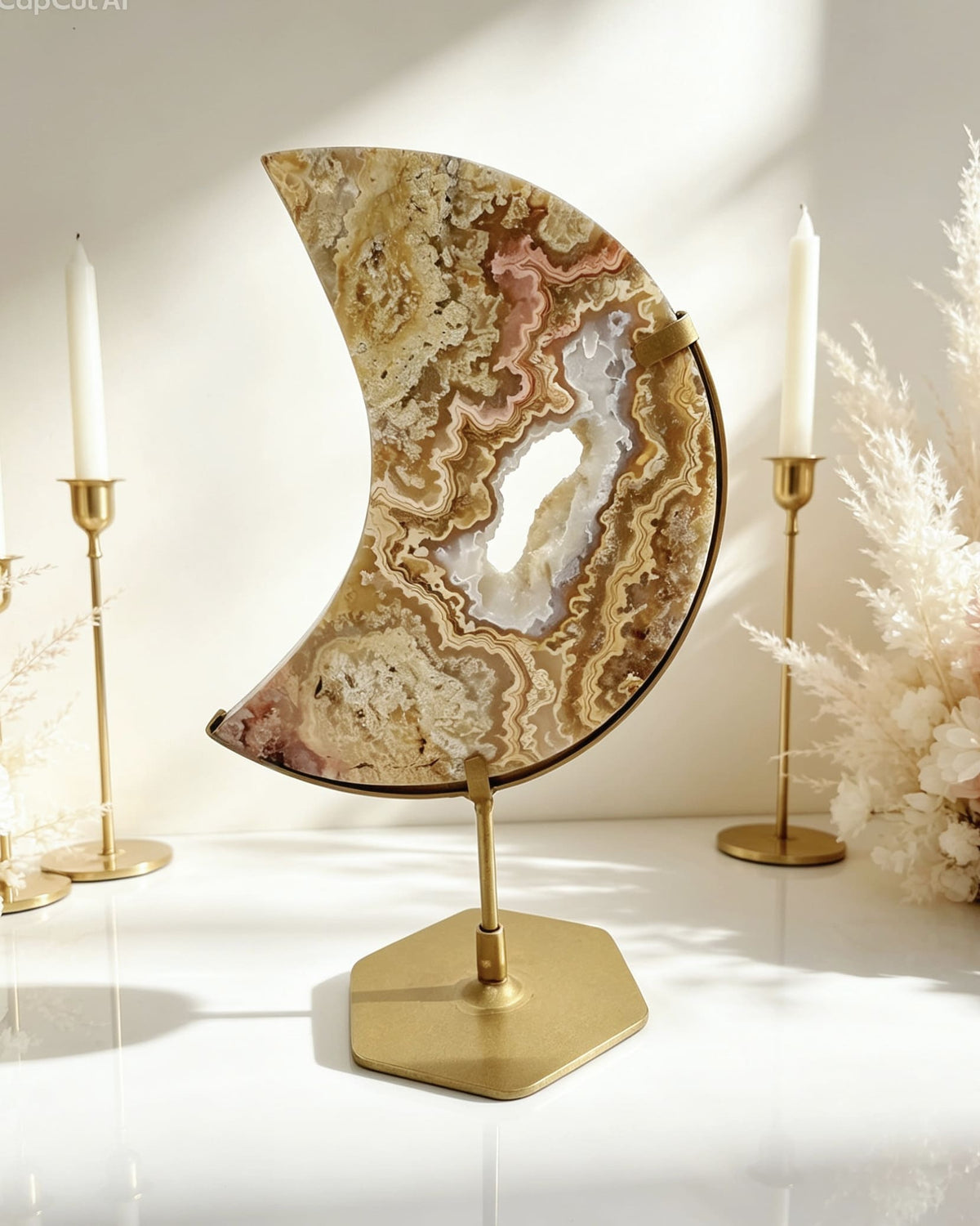 Golden Crazy Lace Agate Moon On Stand No. 2