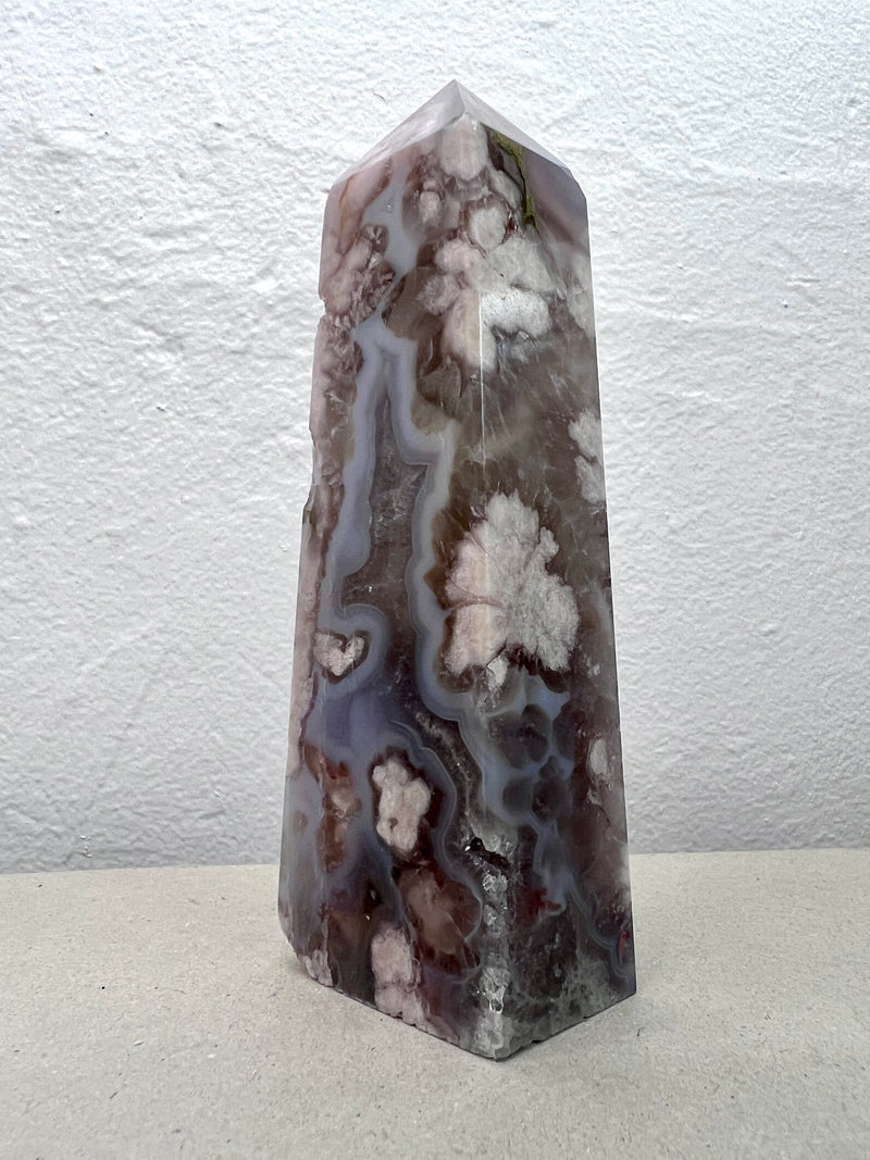 Black Flower Agate Obelisk with Green Amethyst Inclusions no. 919