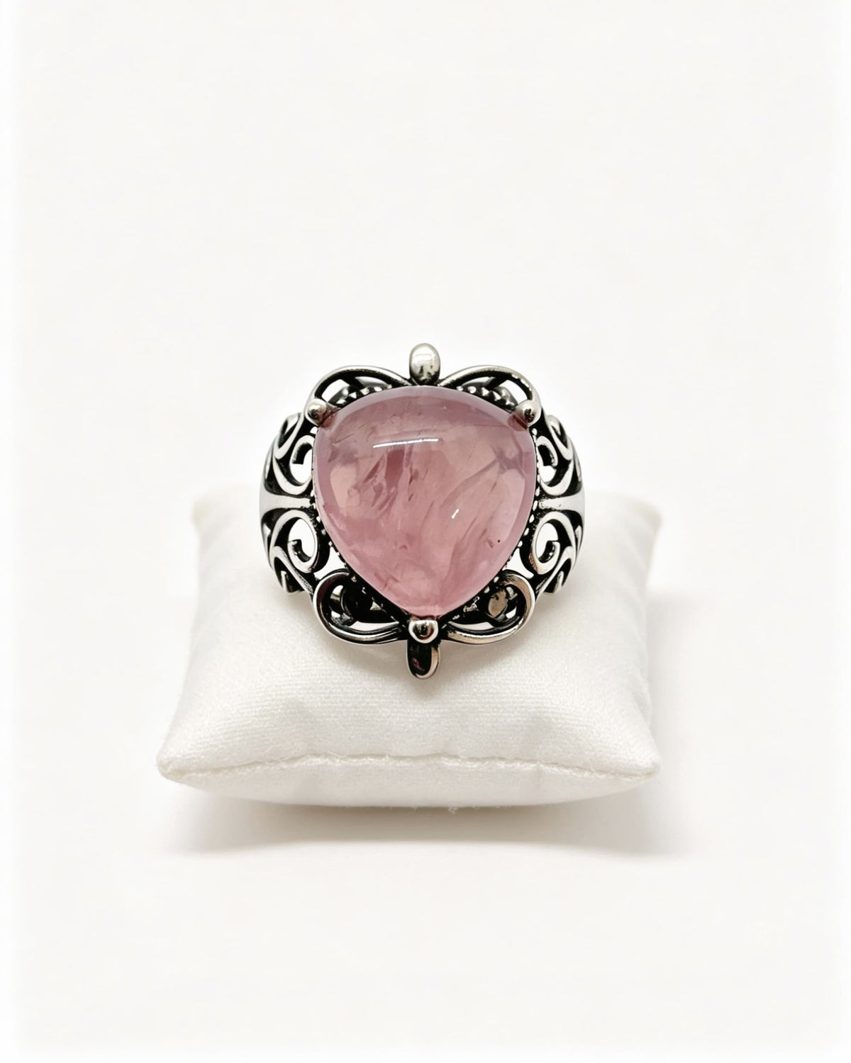 Rose Quartz Crystal Ring – Cushion Cut Silver