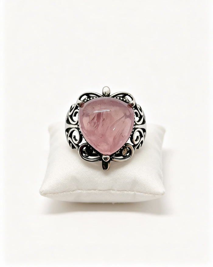 Rose Quartz Crystal Ring – Cushion Cut Silver