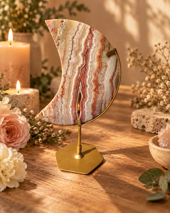 Pink Crazy Lace Agate Moon On Stand No. 5