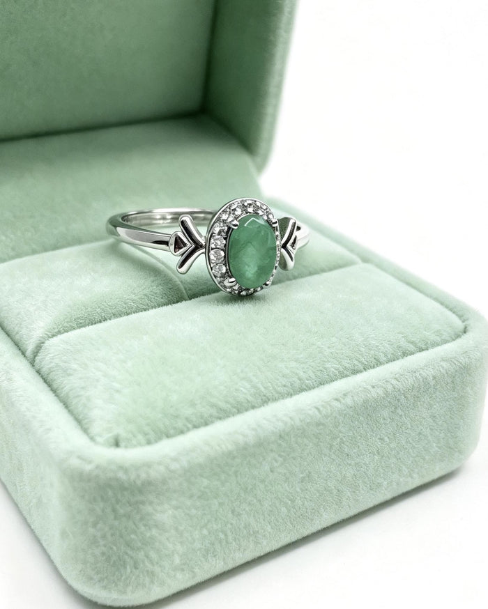 Oval Emerald & Lab Diamonds Silver Ring