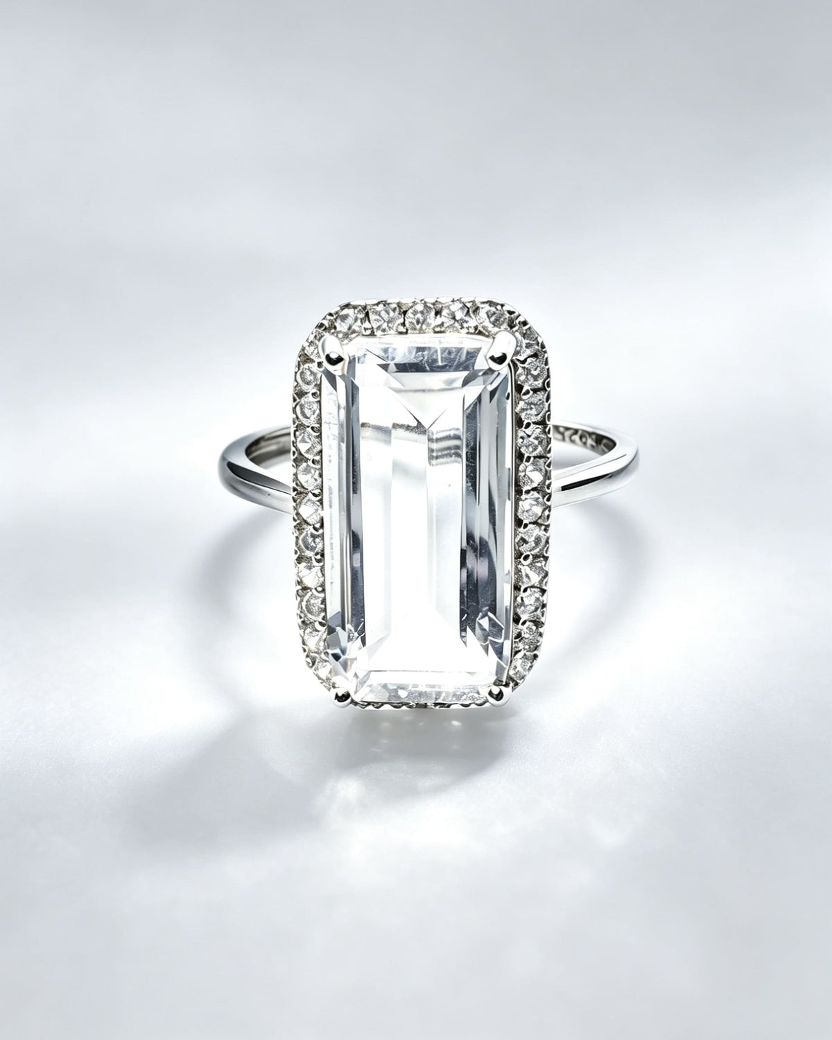 Rectangle Clear Quartz & Lab Diamonds Silver Ring