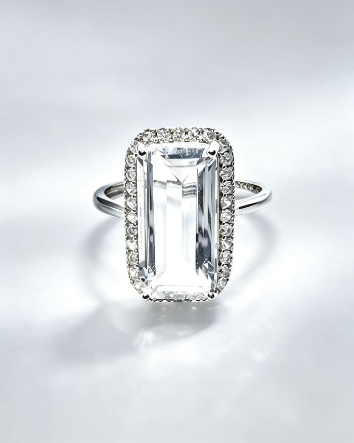 Rectangle Clear Quartz & Lab Diamonds Silver Ring