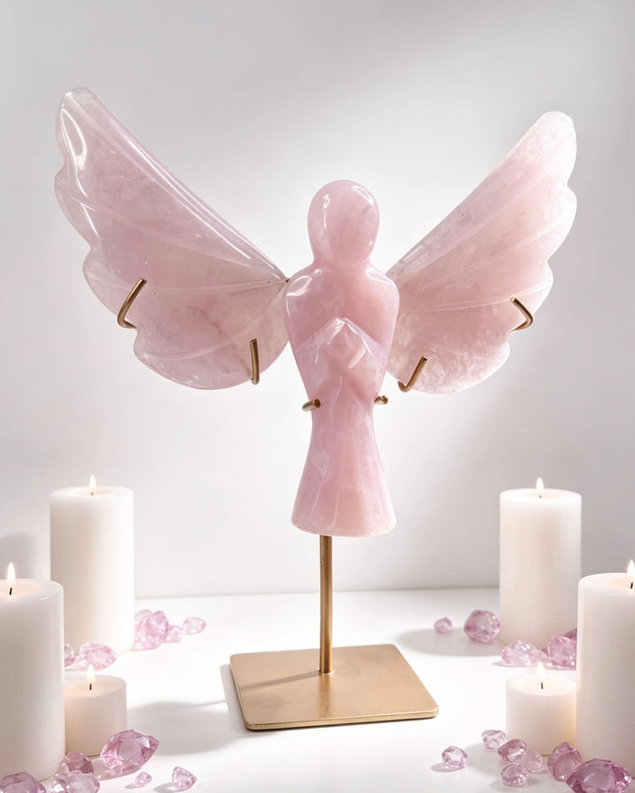 Rose Quartz Angel On Gold Stand