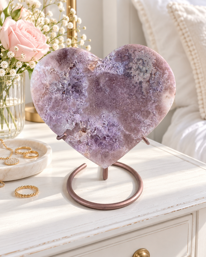 Pink Amethyst Heart On Stand