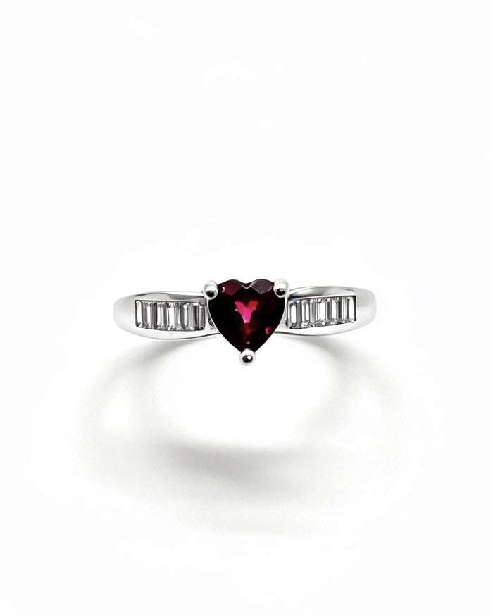 Garnet Crystal & Lab Diamonds Ring - Heart Silver