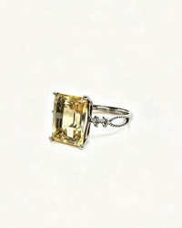 Emerald Cut Citrine & Lab Diamond Silver Ring