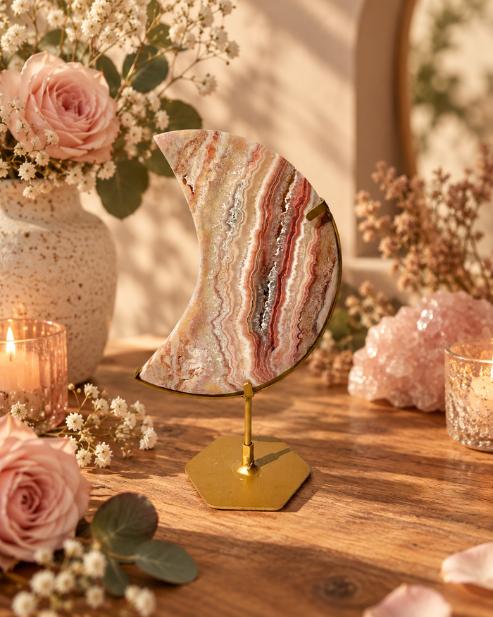 Pink Crazy Lace Agate Moon On Stand No. 6