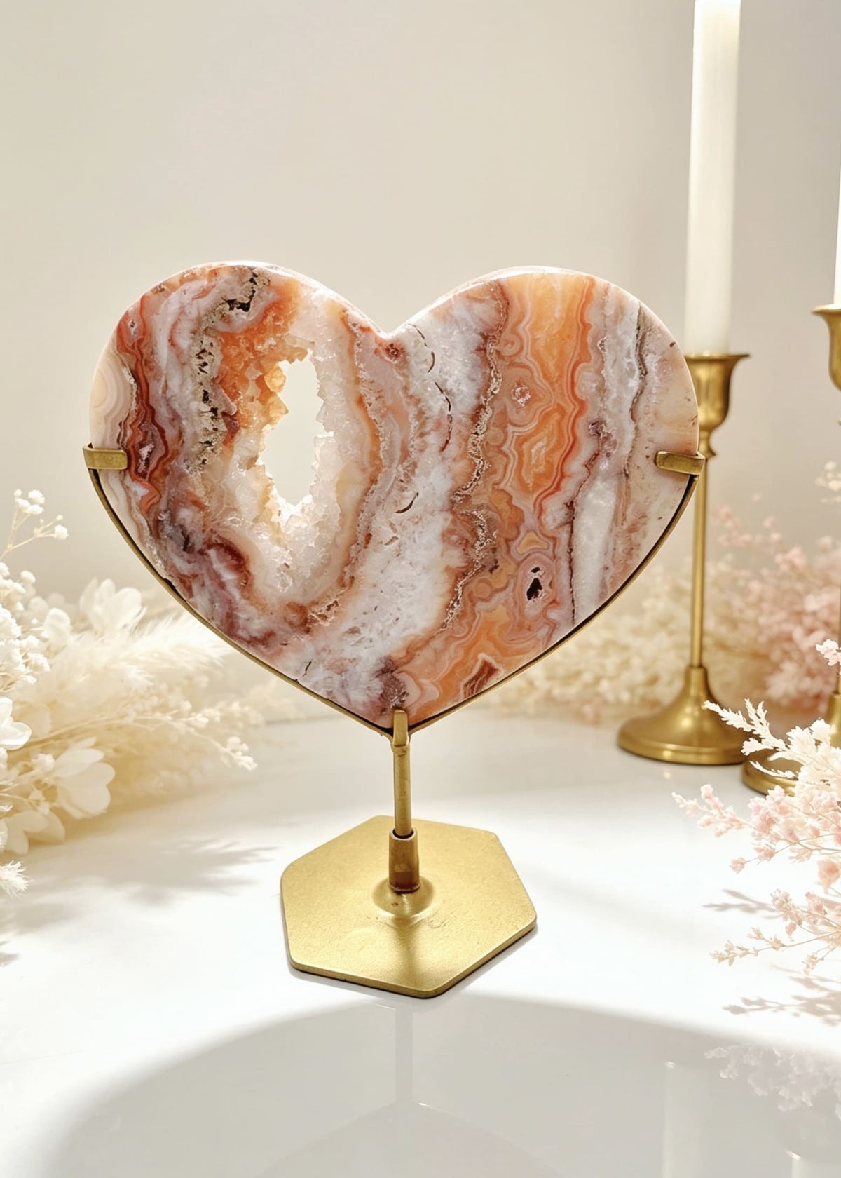Pink Crazy Lace Agate Heart On Stand No. 7