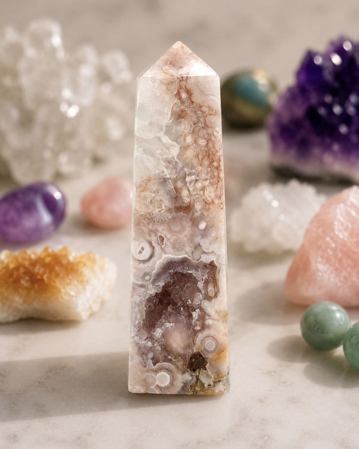 Flower Agate Obelisk with Amethyst Inclusions no. D957