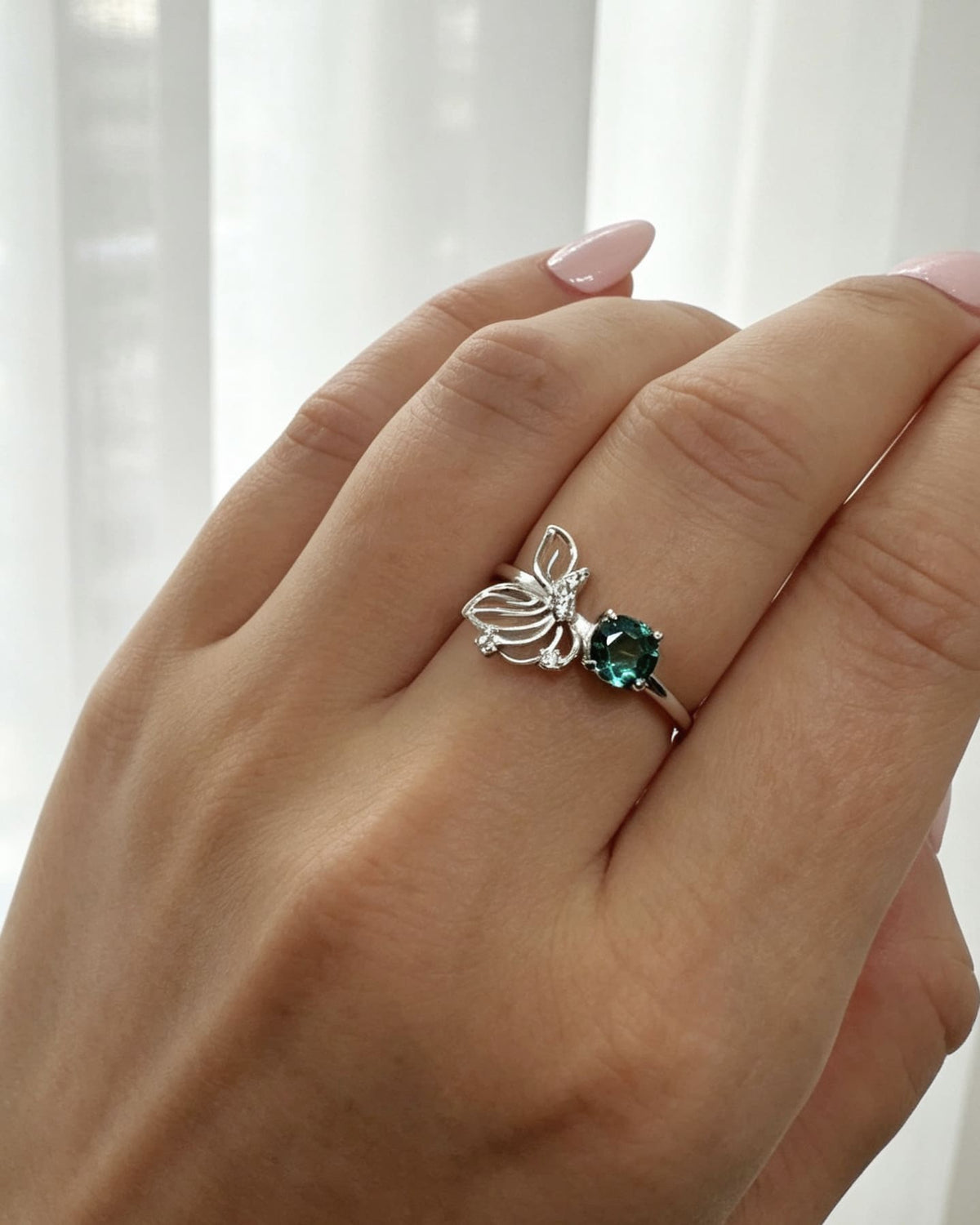 Apatite Crystal Ring – Butterfly Silver with Lab Diamonds