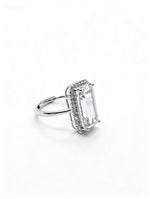 Rectangle Clear Quartz & Lab Diamonds Silver Ring