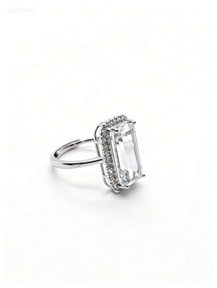 Rectangle Clear Quartz & Lab Diamonds Silver Ring