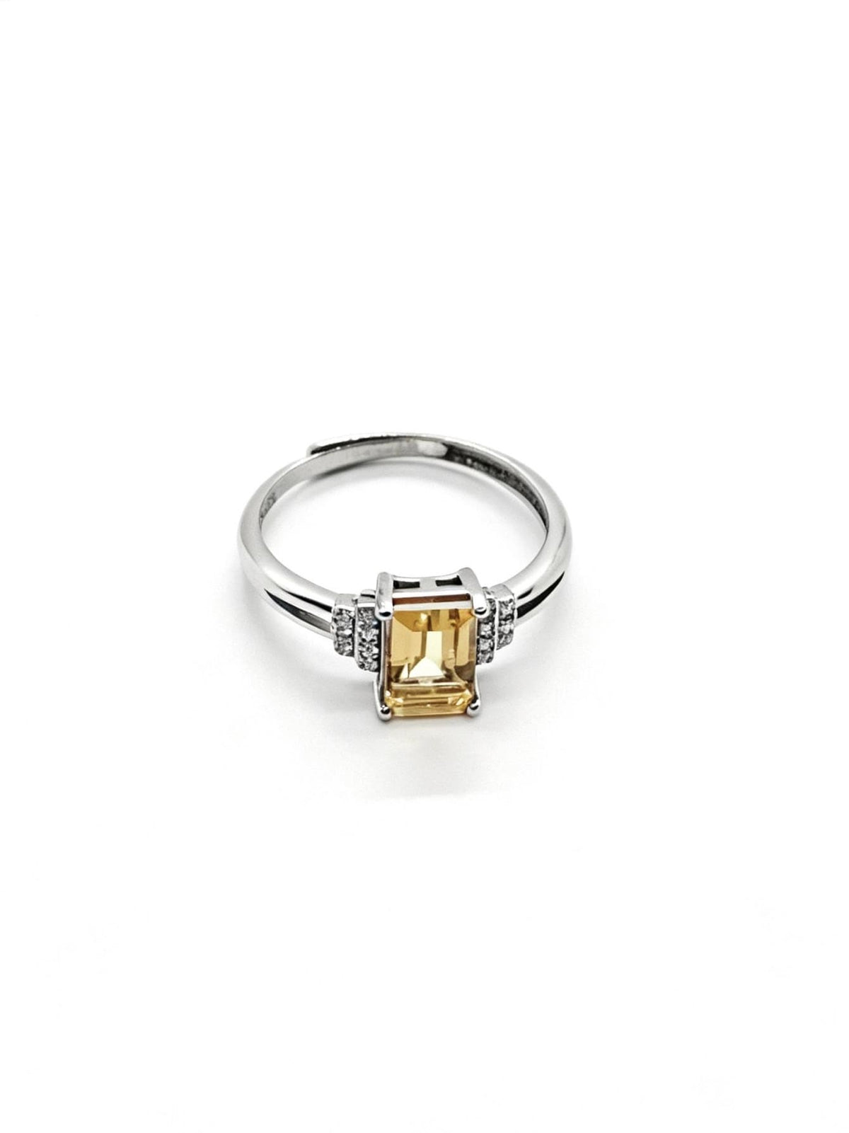 Emerald Cut Citrine & Lab Diamond Silver Ring