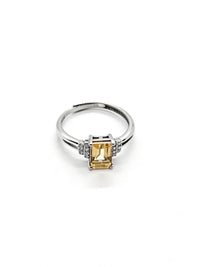 Emerald Cut Citrine & Lab Diamond Silver Ring
