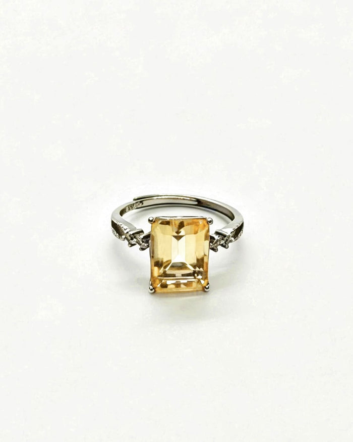 Emerald Cut Citrine & Lab Diamond Silver Ring