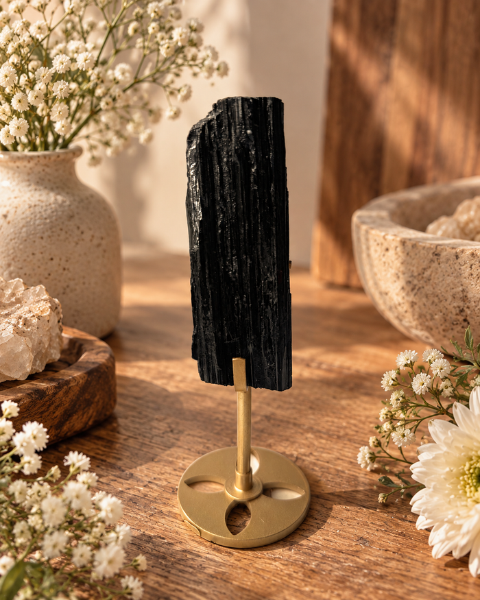 Raw Black Tourmaline On Gold Stand No. 3
