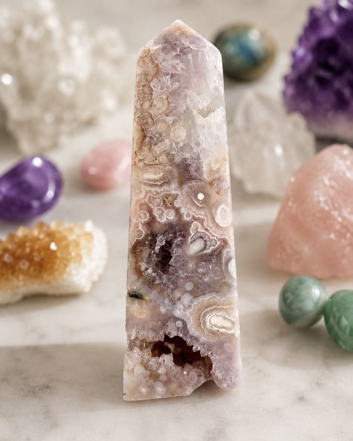 Flower Agate Obelisk with Amethyst Inclusions no. D957