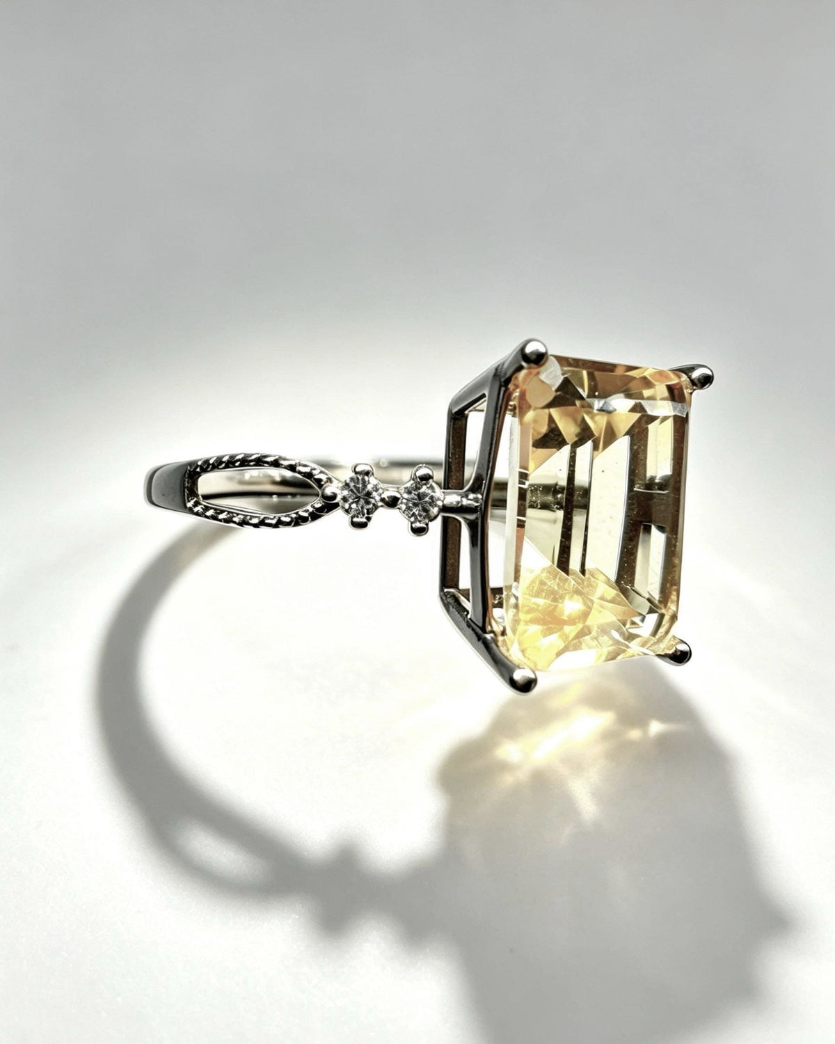 Emerald Cut Citrine & Lab Diamond Silver Ring