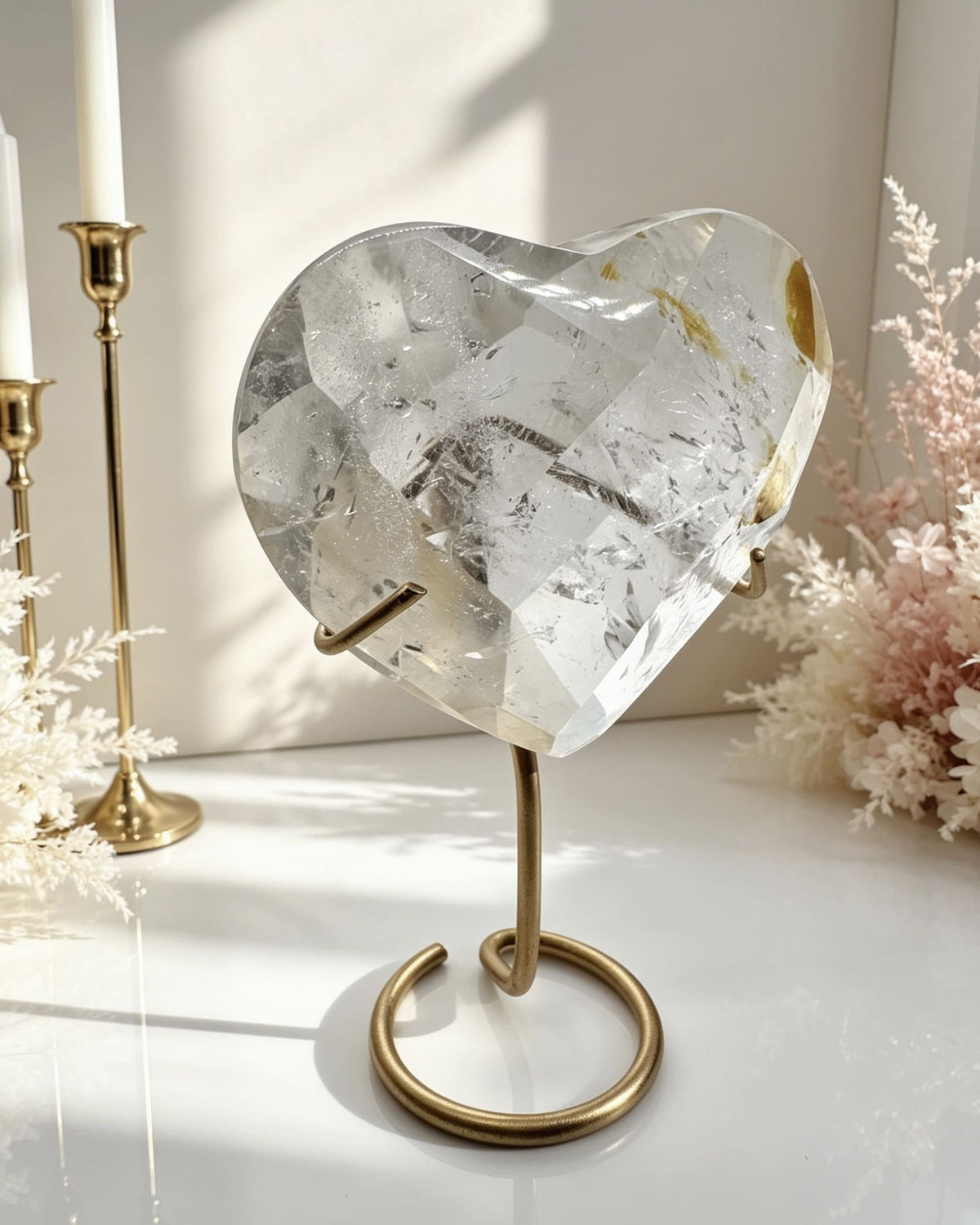 Lemurian & Golden Healer Faceted Heart On Stand