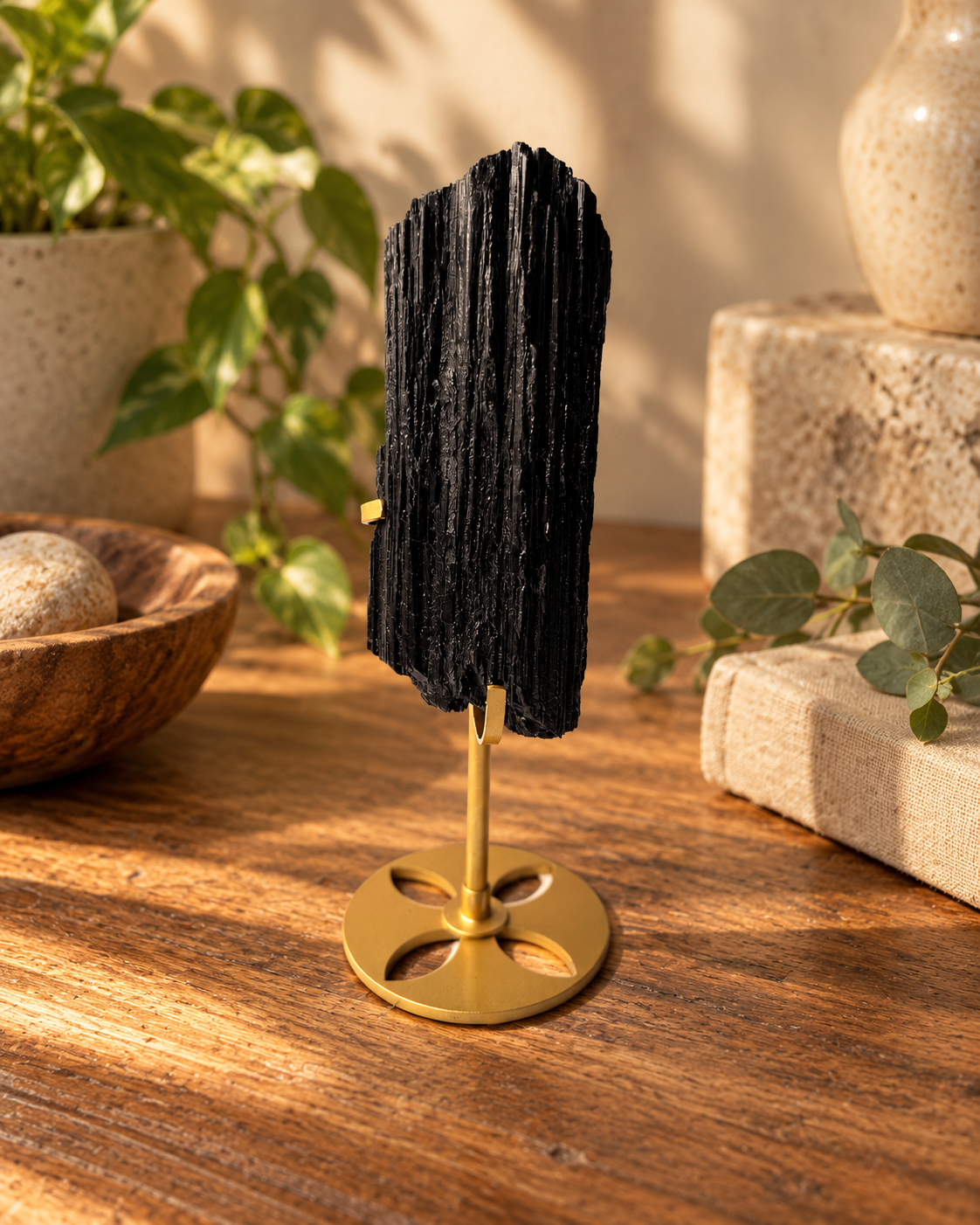 Raw Black Tourmaline On Gold Stand No. 1