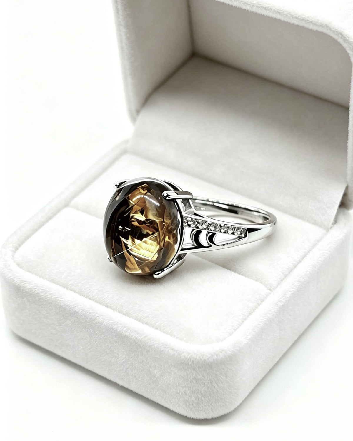 Golden Rutile & Hematite Crystal Ring – Silver with Lab Diamonds