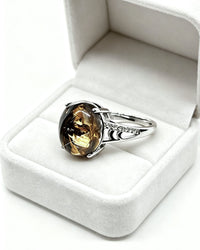 Golden Rutile & Hematite Crystal Ring – Silver with Lab Diamonds