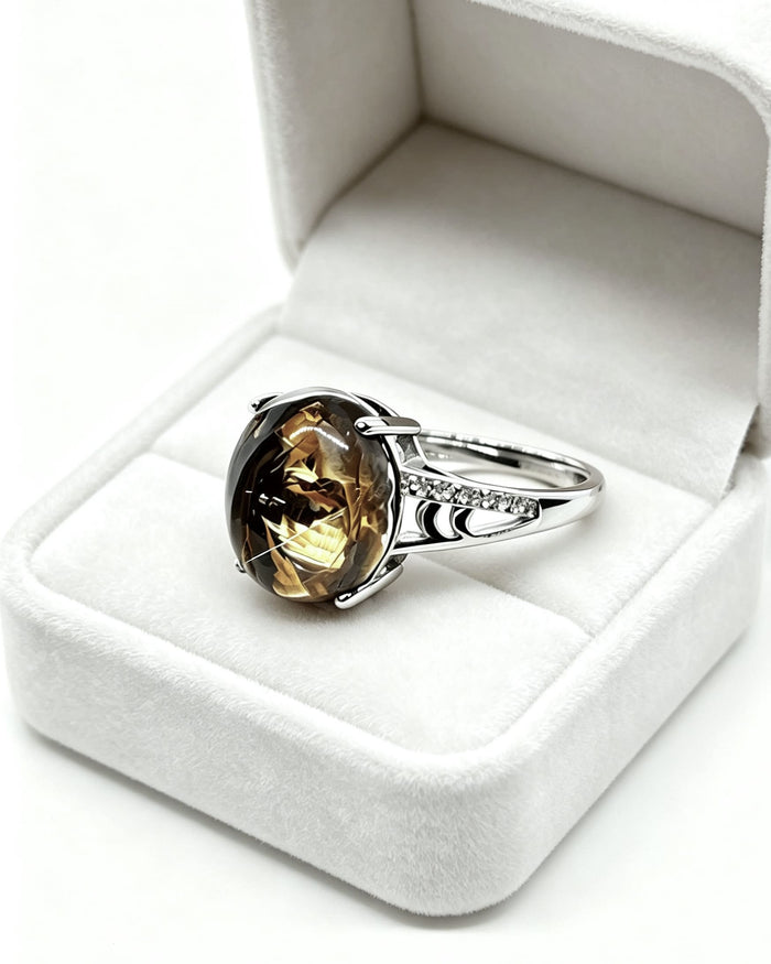 Golden Rutile, Hematite & Lab Diamond Silver Ring