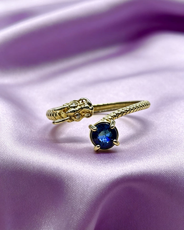 Round Blue Sapphire & Lab Diamonds Dragon Gold Ring
