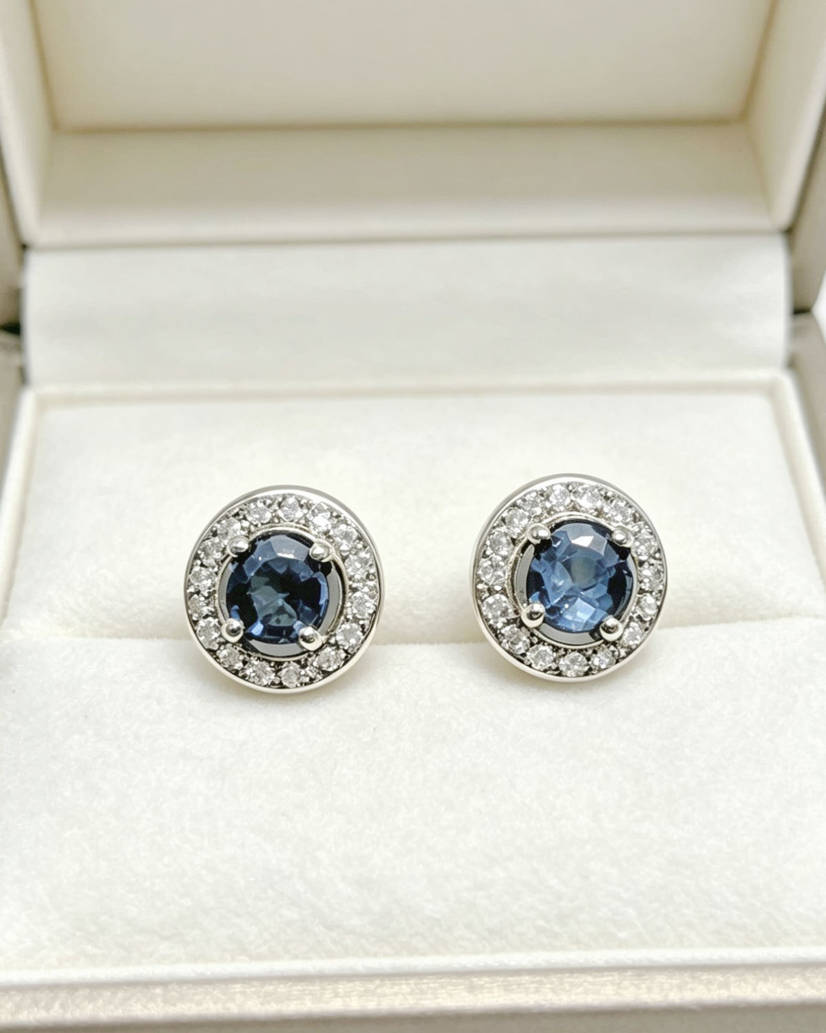 Blue Sapphire & Lab Diamonds Stud Earrings - Round Silver