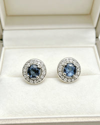 Blue Sapphire & Lab Diamonds Stud Earrings - Round Silver