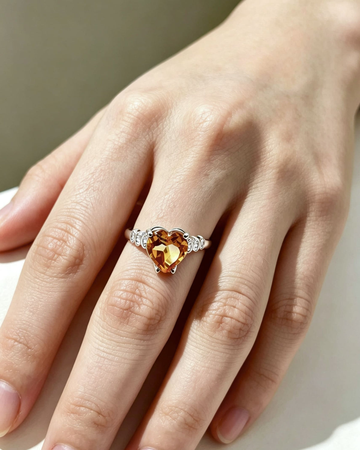 Heart Citrine & Lab Diamond Silver Ring