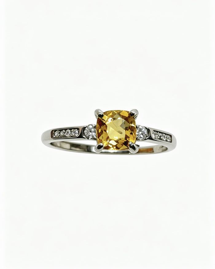 Cushion Cut Citrine with Lab Diamonds Silver Ring