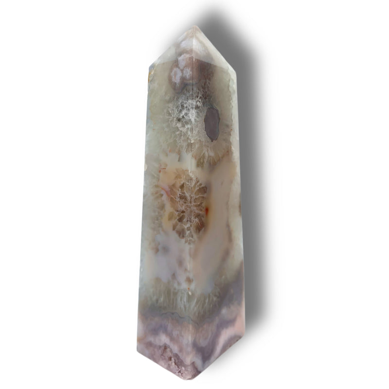 Flower Agate Obelisk with Green Amethyst Inclusions no. D924