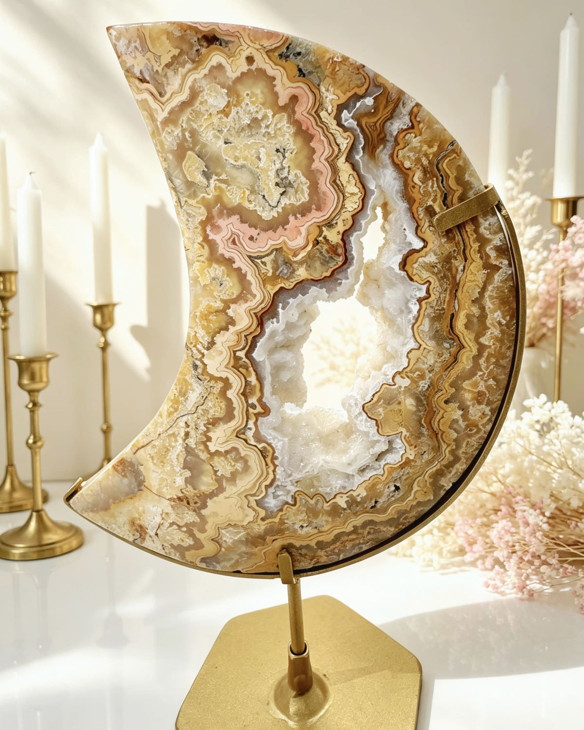 Golden Crazy Lace Agate Moon On Stand No. 3