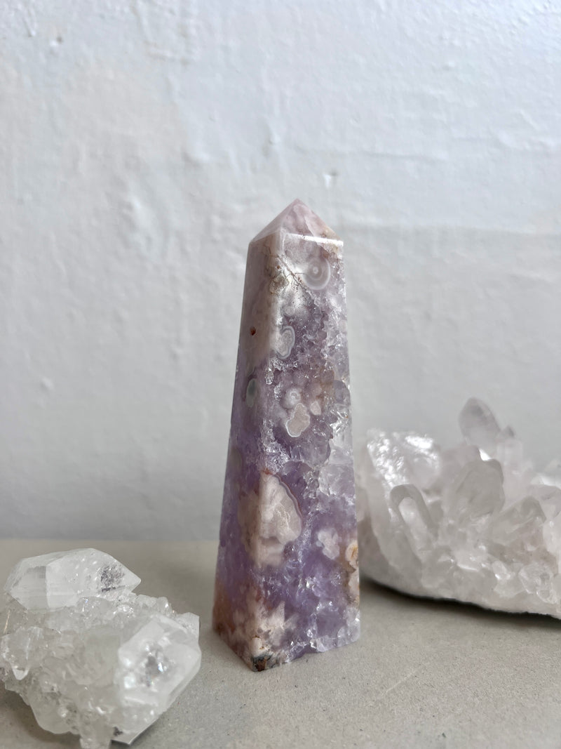 Flower Agate Obelisk with Amethyst Inclisions no. 932