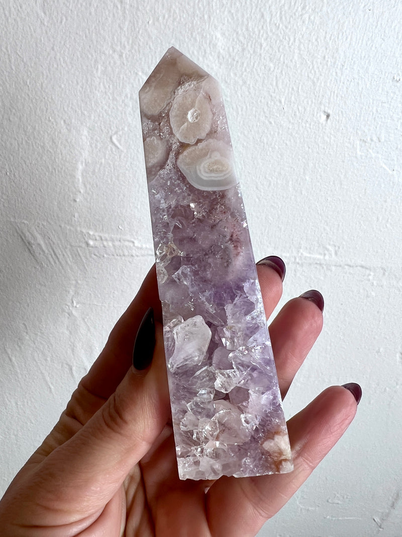 Flower Agate Obelisk with Amethyst Inclisions no. 932