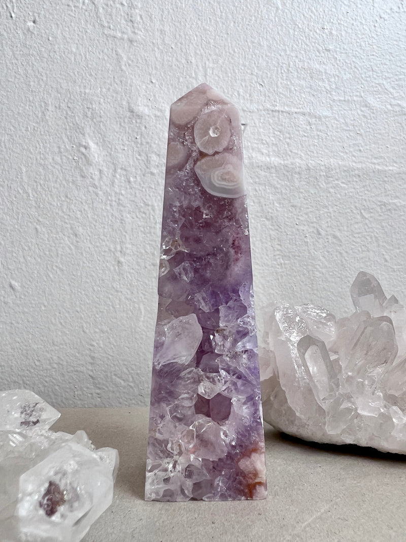 Flower Agate Obelisk with Amethyst Inclisions no. 932