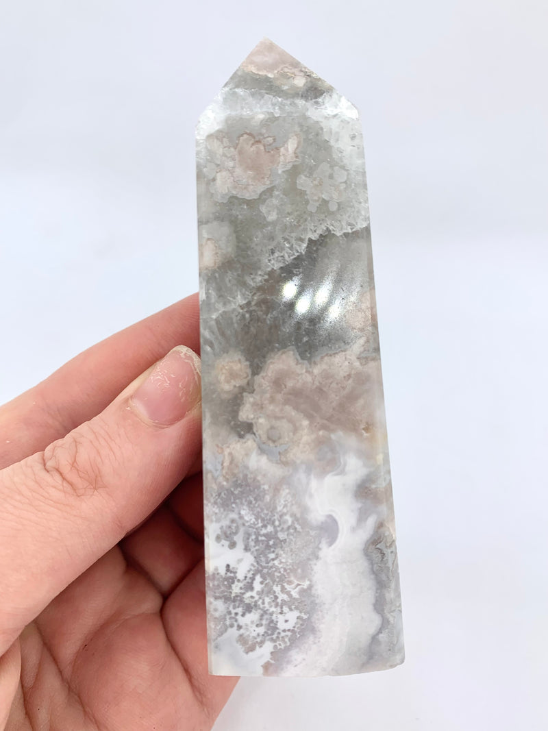 Flower Agate Obelisk with Green Amethyst Inclusions no. D916