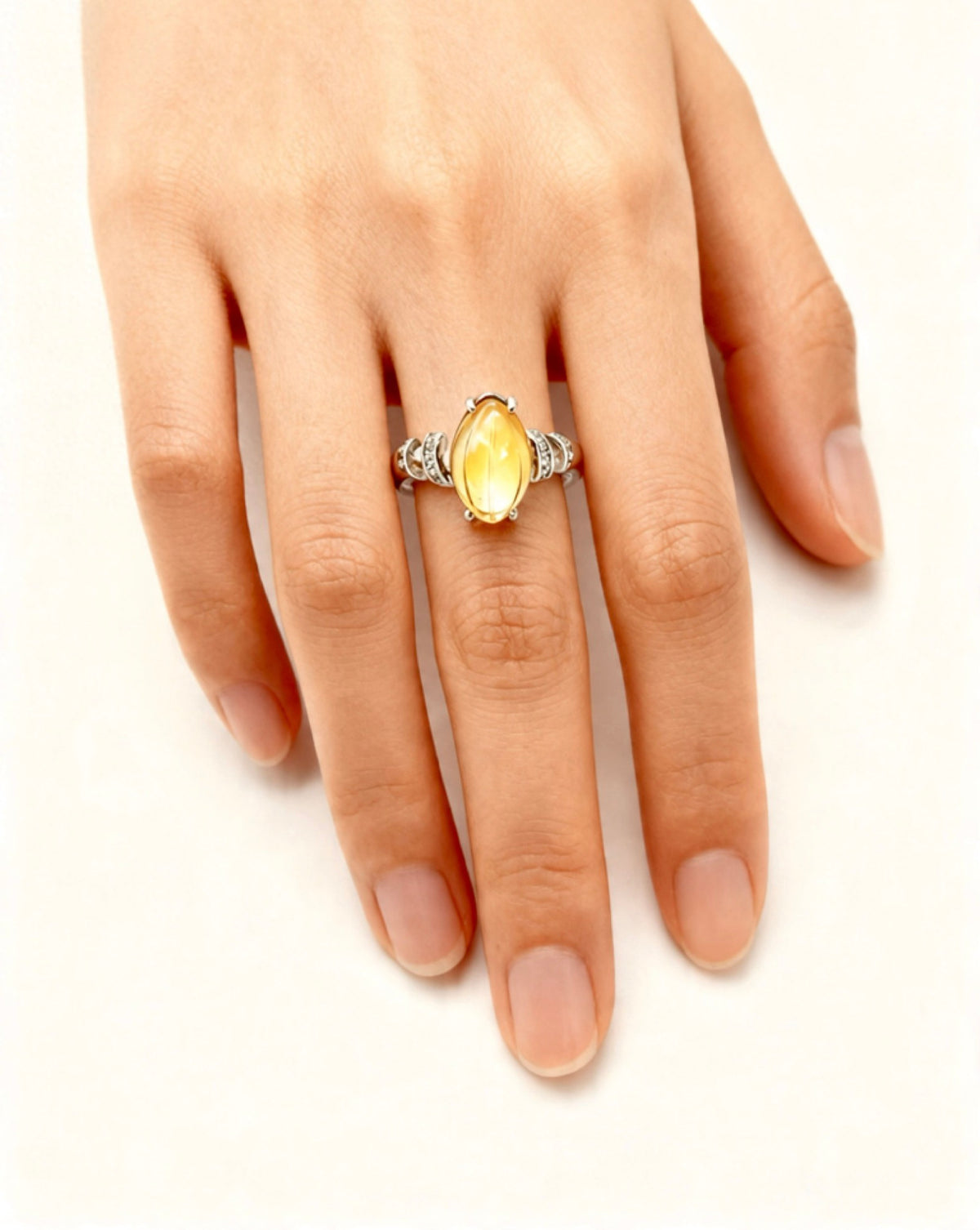 Pear Citrine & Lab Diamond Silver Ring