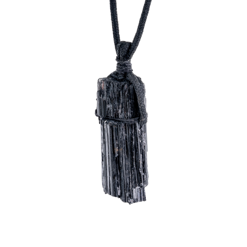 Black Tourmaline Raw Pendant on Rope Necklace